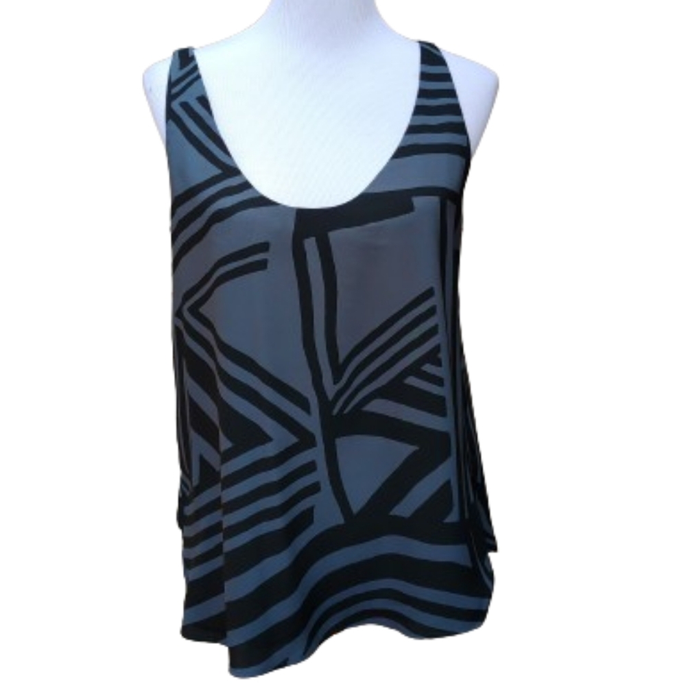 LOFT Blouse Geo-Print Black Gray Sleeveless Scoop Neck 370748